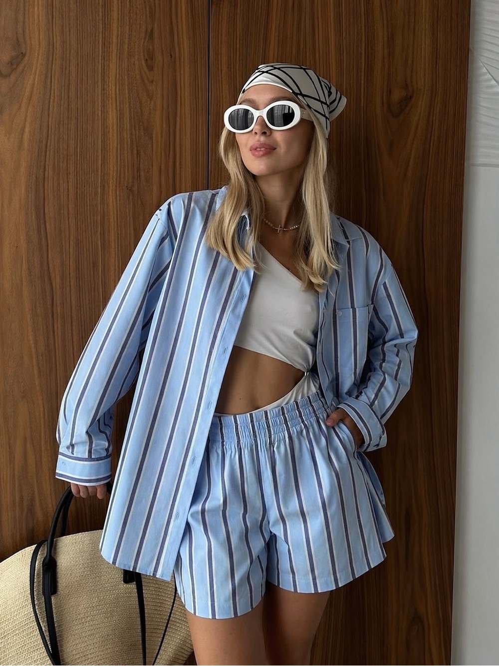H&M Blue Stripe Co-Ord Shirt Shorts Set Size XXS Summer Matching Set